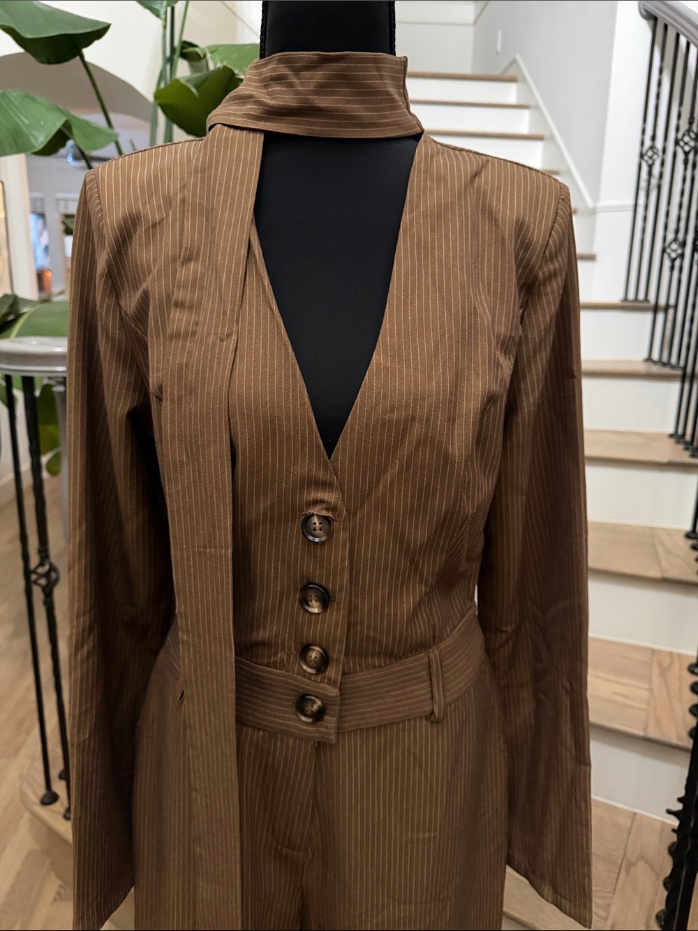 Fashion Nova High-Waist Brown Pinstripe Jumpsuit with Button Front (Medium) - Picture 2 of 6